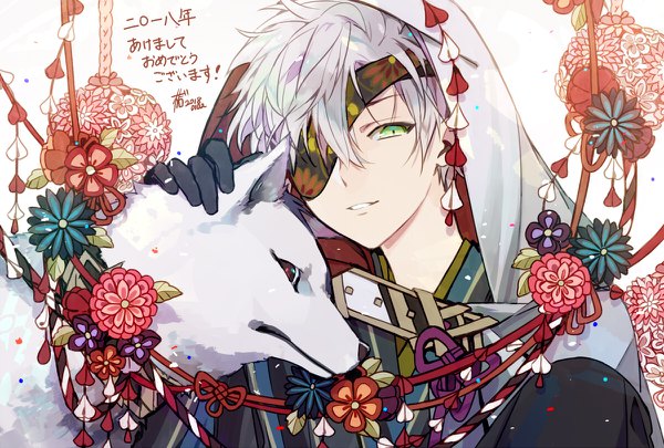 Anime picture 1200x810 with original matsunaka hiro single short hair green eyes silver hair traditional clothes parted lips japanese clothes dated new year happy new year nengajou 2018 akeome boy gloves animal black gloves eyepatch