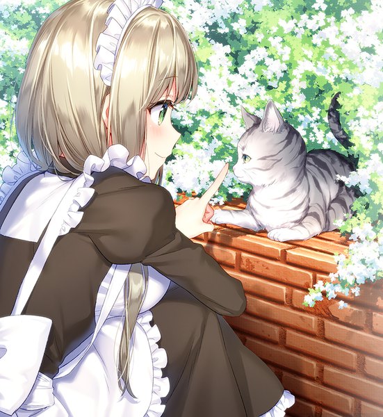 Anime picture 881x960 with original masuishi kinoto single long hair tall image blush fringe breasts blonde hair smile green eyes looking away outdoors profile maid puffy sleeves squat brick wall girl uniform