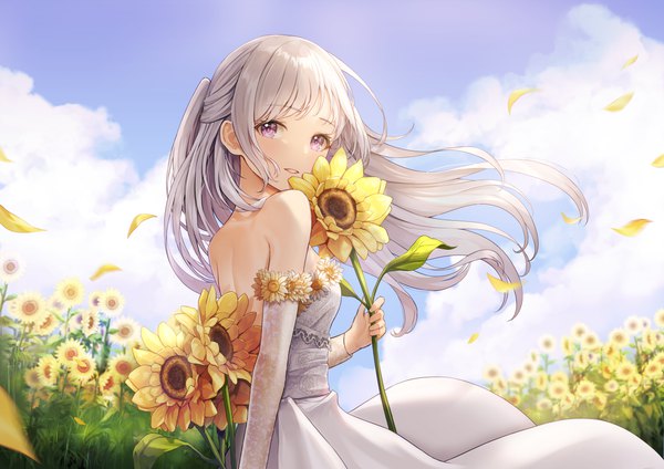 Anime picture 6695x4734 with original lunacle single long hair looking at viewer blush fringe highres smile standing bare shoulders holding payot absurdres sky silver hair cloud (clouds) outdoors long sleeves parted lips