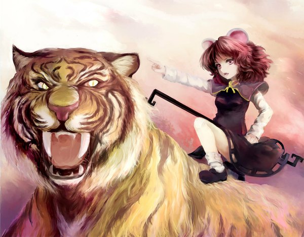 Anime picture 1000x781 with touhou nazrin childofa short hair open mouth brown hair pink eyes teeth fang (fangs) mouse ears girl dress tiger