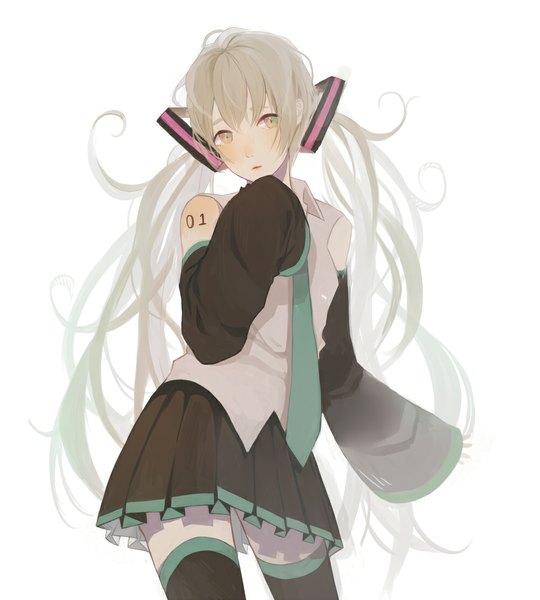 Anime picture 1000x1111 with vocaloid hatsune miku satou shinobu single long hair tall image looking at viewer open mouth simple background white background twintails bare shoulders pleated skirt grey hair grey eyes girl thighhighs skirt necktie number (numbers)