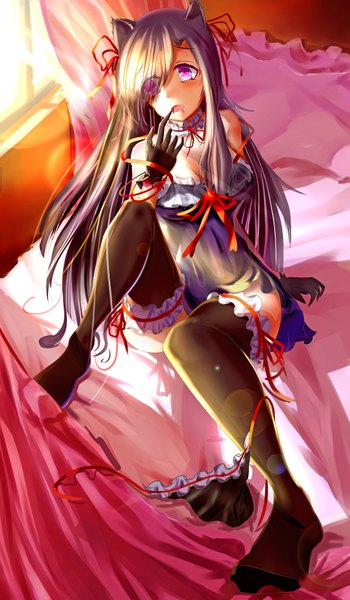 Anime picture 4133x7086 with original roy (pixiv12676578) single long hair tall image blush fringe highres breasts open mouth light erotic large breasts sitting purple eyes animal ears looking away absurdres sunlight cat ears hair over one eye