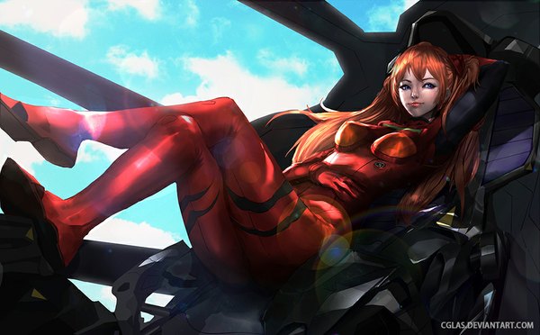 Anime picture 1000x621 with neon genesis evangelion gainax soryu asuka langley cglas single long hair fringe breasts blue eyes smile wide image twintails signed sky cloud (clouds) bent knee (knees) lips orange hair from below on back