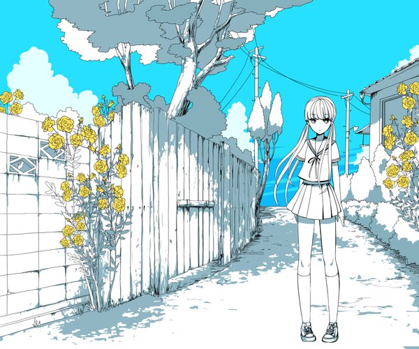Anime picture 2400x2000 with vocaloid hatsune miku ixima single long hair looking at viewer fringe highres standing twintails sky full body pleated skirt street polychromatic girl skirt uniform flower (flowers) plant (plants)