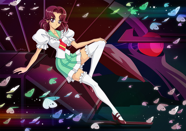 Anime picture 2000x1414 with revolutionary girl utena j.c. staff takatsuki shiori akiranime single looking at viewer highres short hair purple eyes purple hair girl thighhighs dress white thighhighs insect butterfly