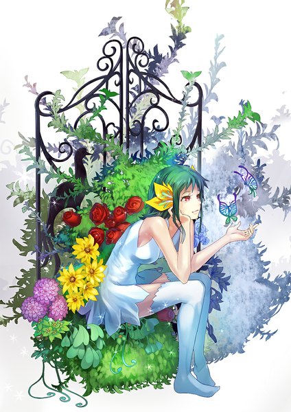 Anime picture 827x1169 with original raijuu (bakanara) single tall image short hair red eyes sitting green hair arm support sleeveless girl thighhighs dress flower (flowers) white thighhighs white dress rose (roses) insect butterfly