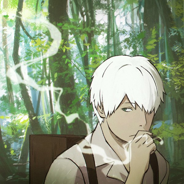 Anime picture 1080x1080 with mushishi ginko ilya kuvshinov single fringe short hair green eyes looking away upper body outdoors white hair hair over one eye smoke smoking boy plant (plants) shirt tree (trees) forest backpack