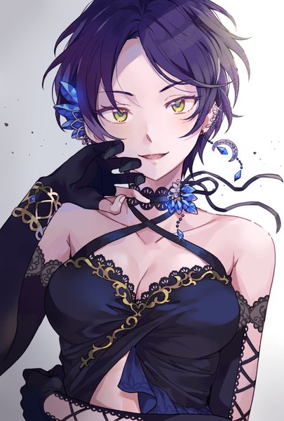 Anime picture 650x962 with idolmaster idolmaster cinderella girls hayami kanade inzup single tall image looking at viewer short hair open mouth simple background bare shoulders green eyes cleavage purple hair upper body mystic dawn girl gloves hair ornament ribbon (ribbons)