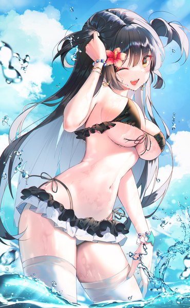 Anime picture 2528x4096 with idolmaster idolmaster shiny colors mayuzumi fuyuko icebox46 single long hair tall image looking at viewer blush fringe highres breasts light erotic black hair smile large breasts standing yellow eyes looking away sky