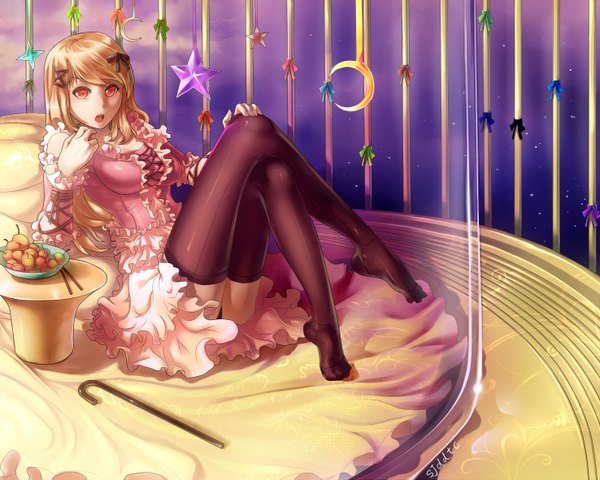 Anime picture 2952x2362 with original fs-project (artist) long hair highres open mouth red eyes orange hair no shoes girl thighhighs dress black thighhighs star (symbol) fruit moon (symbol) cane stick