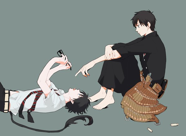 Anime picture 2992x2204 with ao no exorcist a-1 pictures okumura rin okumura yukio amanboy highres short hair open mouth blue eyes black hair simple background sitting ahoge tail lying profile barefoot pointy ears grey background mole