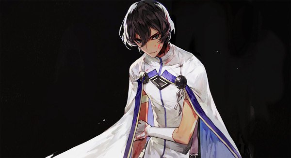 Anime-Bild 1200x654 mit fate (series) fate/grand order arjuna (fate) mo (mocopo) single looking at viewer fringe short hair black hair simple background hair between eyes wide image black eyes dark skin black background blood on face bloody clothes bleeding boy gloves