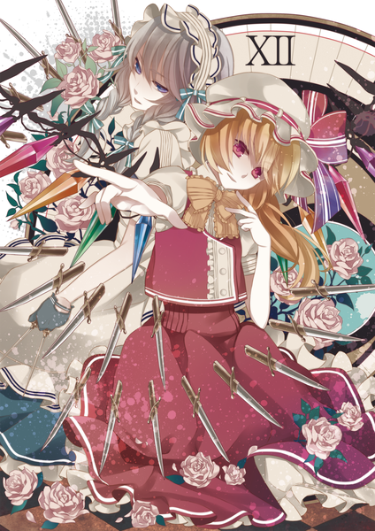 Anime picture 1405x1987 with touhou flandre scarlet izayoi sakuya macco (artist) tall image blue eyes blonde hair red eyes multiple girls silver hair grey hair back to back girl skirt gloves flower (flowers) weapon 2 girls hat wings