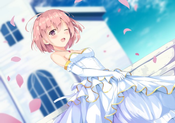 Anime picture 842x595 with original chuxue single looking at viewer blush fringe short hair open mouth smile hair between eyes bare shoulders holding pink hair sky cloud (clouds) ahoge pink eyes one eye closed wind wink