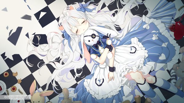 Anime picture 1920x1080 with alice in wonderland original haruri single long hair fringe highres hair between eyes wide image white background animal ears tail lying eyes closed animal tail on back ^ ^ checkered floor floor cute