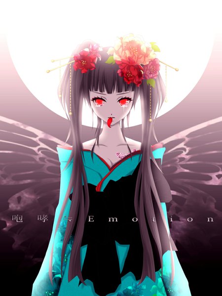 Anime picture 750x1000 with vocaloid hatsune miku aonoe single long hair tall image looking at viewer fringe black hair red eyes twintails traditional clothes japanese clothes hair flower night tattoo tears insect wings butterfly wings girl