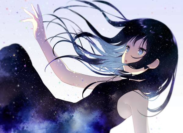 Anime picture 1200x879 with original achiki single long hair fringe open mouth blue eyes black hair looking away multicolored hair sparkle sleeveless outstretched arm colored inner hair falling starry sky print space print double exposure girl dress