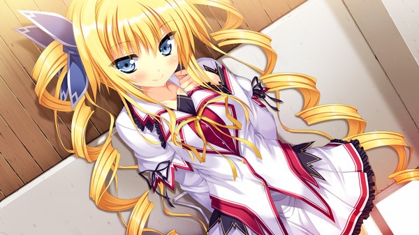 Anime picture 1280x720 with koiken otome eve elaine austin single long hair blush blue eyes blonde hair smile wide image twintails game cg drill hair girl uniform bow hair bow school uniform