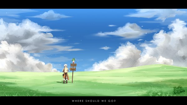 Anime picture 1920x1080 with tree of savior bottle (bottle1234) single long hair highres wide image standing twintails signed sky white hair from behind text low twintails dated letterboxed horizon english scenic hill
