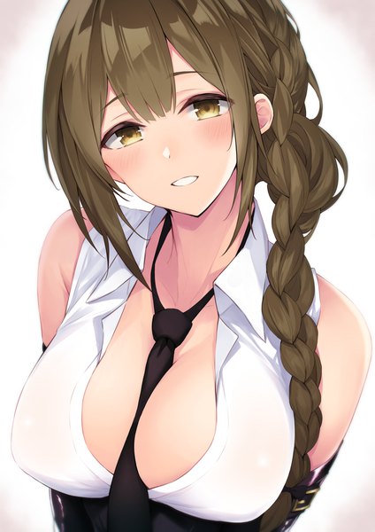 Anime picture 2894x4093 with idolmaster idolmaster shiny colors kuwayama chiyuki anza tomo single long hair tall image looking at viewer blush fringe highres breasts light erotic simple background hair between eyes brown hair large breasts bare shoulders yellow eyes payot