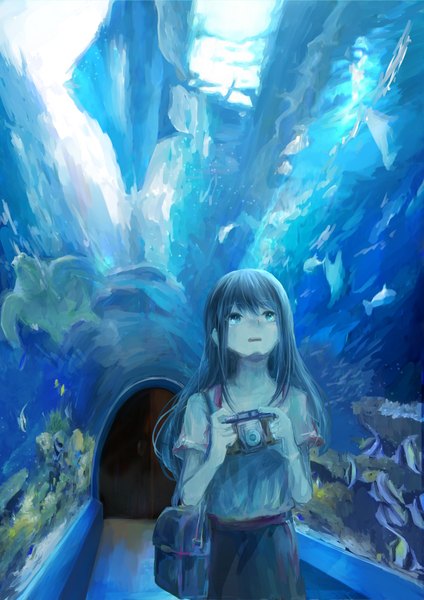 Anime picture 2893x4092 with original danjou sora single long hair tall image fringe highres open mouth blue eyes black hair standing holding looking away looking up girl animal water bag fish (fishes) stone (stones)