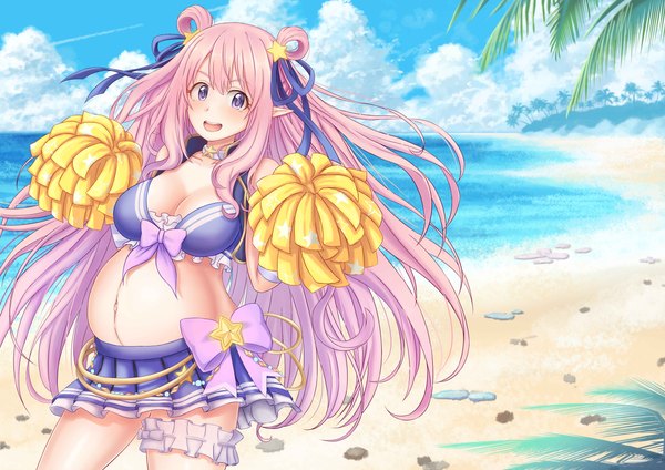 Anime picture 5787x4093 with princess connect! hatsune (princess connect!) shen q jun single long hair blush fringe highres breasts open mouth light erotic smile hair between eyes large breasts standing purple eyes payot pink hair absurdres sky