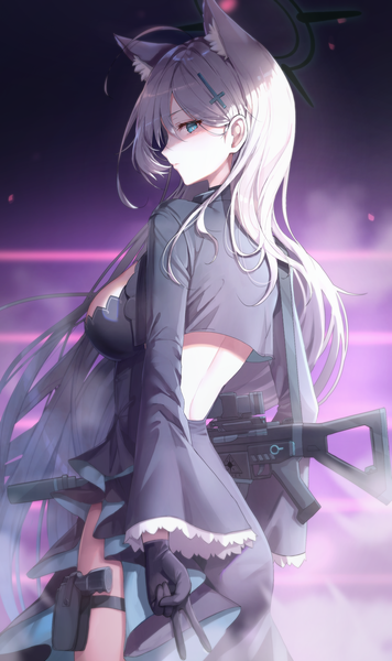Anime picture 2000x3373 with blue archive shiroko (blue archive) shiroko terror (blue archive) misyune single long hair tall image looking at viewer fringe highres breasts blue eyes light erotic hair between eyes large breasts standing animal ears ahoge profile grey hair