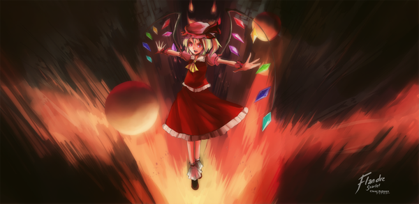 Anime picture 1795x877 with touhou flandre scarlet clearechoes single looking at viewer highres short hair open mouth blonde hair smile red eyes wide image signed spread arms girl dress skirt wings bonnet skirt set