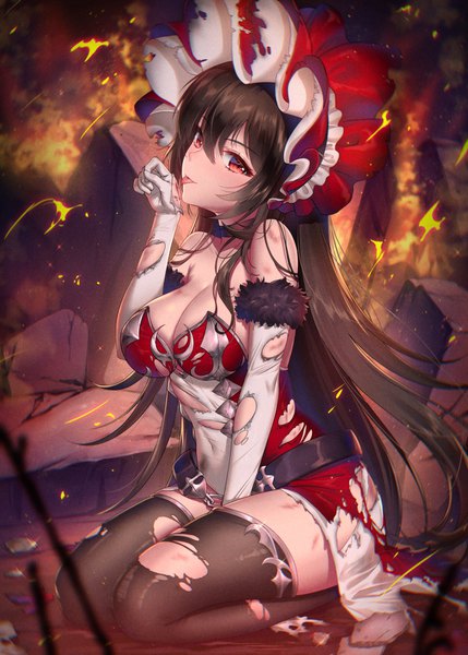 Anime picture 1200x1678 with princess connect! re:dive princess connect! ilya (princess connect!) haneru single long hair tall image looking at viewer fringe breasts light erotic black hair hair between eyes red eyes large breasts sitting bare shoulders cleavage full body head tilt