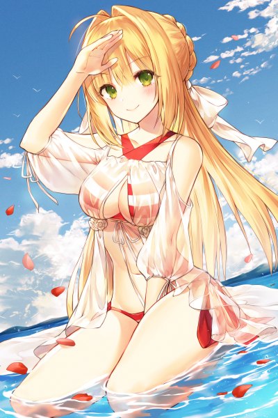 Anime picture 800x1200 with fate (series) fate/grand order nero claudius (fate) (all) nero claudius (swimsuit caster) (fate) kh (kh 1128) single long hair tall image looking at viewer blush fringe breasts light erotic blonde hair smile hair between eyes sitting bare shoulders green eyes payot