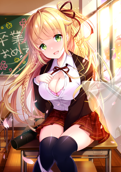 Anime picture 1157x1636 with original moe2019 koyama sao single long hair tall image looking at viewer blush breasts open mouth light erotic blonde hair smile large breasts sitting green eyes payot braid (braids) head tilt pleated skirt