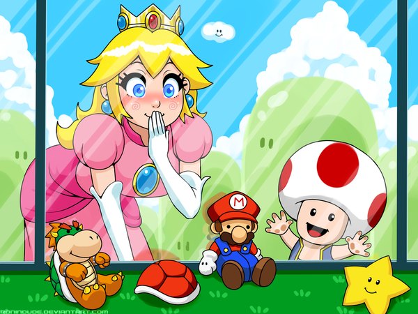 Anime picture 1024x768 with super mario bros. princess peach mario toad bowser ronin dude (ray cornwell) single long hair blush fringe blue eyes blonde hair smile leaning leaning forward girl dress gloves earrings elbow gloves