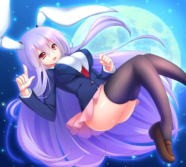 Anime picture 2480x2235 with touhou reisen udongein inaba yubeshi single looking at viewer fringe highres breasts open mouth light erotic red eyes large breasts animal ears sky very long hair night bunny ears erect nipples night sky no panties