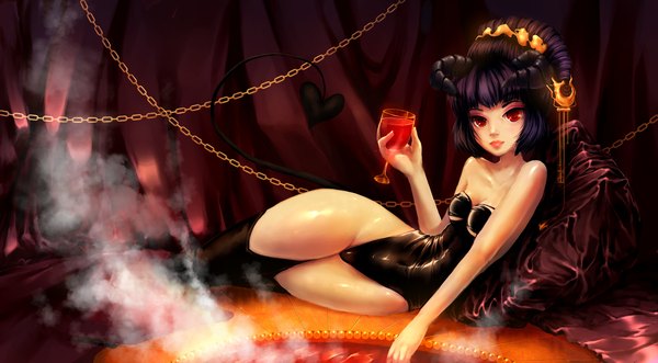 Anime picture 1280x708 with original iruuse single looking at viewer highres short hair breasts red eyes wide image bare shoulders purple hair tail horn (horns) lips shiny skin demon girl reclining demon tail shiny succubus