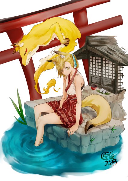 Anime picture 2894x4093 with original ganagoa single tall image looking at viewer fringe highres short hair blonde hair white background sitting bare shoulders signed animal ears yellow eyes bent knee (knees) ponytail tail traditional clothes head tilt