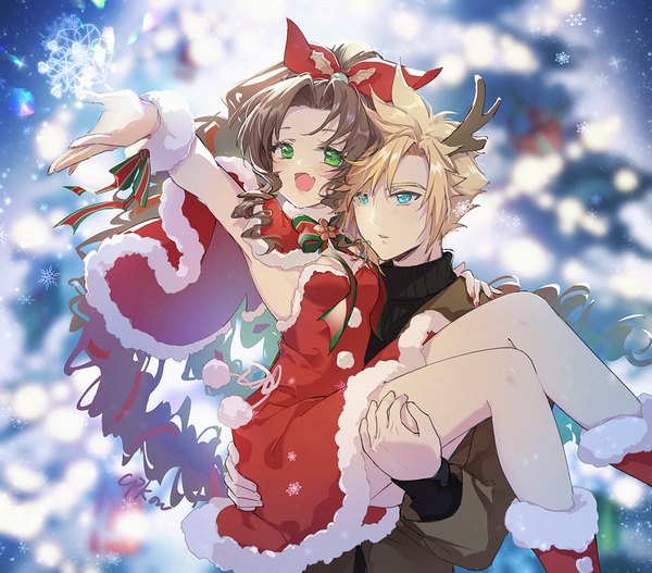 Anime picture 1200x1053 with final fantasy final fantasy vii square enix aerith gainsborough cloud strife cat princess long hair short hair open mouth blue eyes blonde hair brown hair green eyes looking away :d horn (horns) blurry outstretched arm christmas carrying