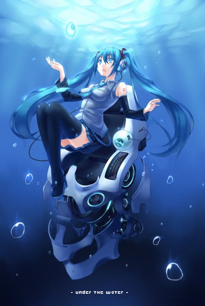 Anime picture 1000x1491 with vocaloid hatsune miku zenn (artist) single tall image open mouth blue eyes twintails blue hair very long hair girl thighhighs skirt black thighhighs detached sleeves miniskirt necktie