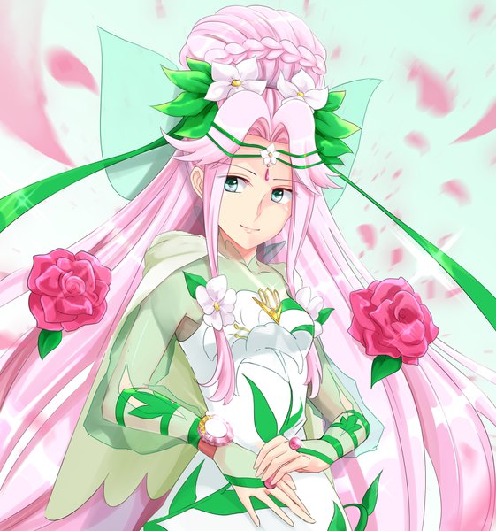 Anime picture 1500x1604 with precure mahou girls precure! toei animation hanami kotoha cure felice tsuka d single long hair tall image smile green eyes looking away pink hair upper body hair flower blurry hands clasped girl dress flower (flowers)