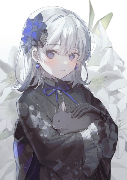 Anime-Bild 2894x4093 mit original oyuyu single long hair tall image looking at viewer blush fringe highres blue eyes silver hair upper body blunt bangs traditional clothes japanese clothes hair flower wide sleeves floral background girl gloves