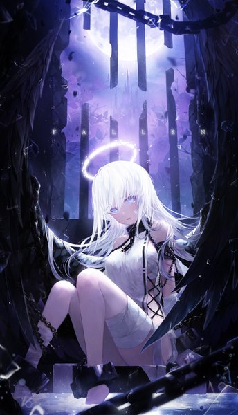 Anime picture 2348x4096 with original crystalherb single long hair tall image looking at viewer blush fringe highres breasts blue eyes hair between eyes sitting bent knee (knees) white hair parted lips head tilt aqua eyes night depth of field