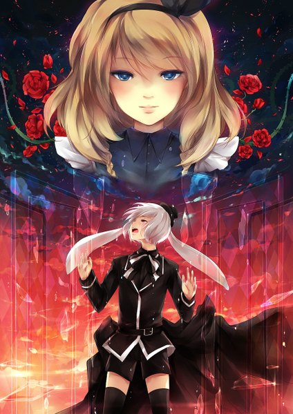 Anime picture 910x1287 with are you alice marianne (are you alice) white rabbit (are you alice) yukihomu long hair tall image short hair blue eyes blonde hair red eyes standing animal ears sky silver hair light smile bunny ears tears evening sunset crying