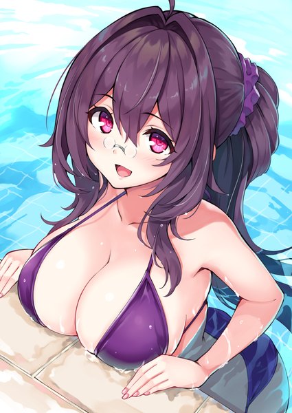 Anime picture 708x1000 with cu-no kokonoe tamaki hisenkaede single long hair tall image looking at viewer blush fringe breasts open mouth light erotic smile hair between eyes red eyes large breasts bare shoulders payot cleavage purple hair