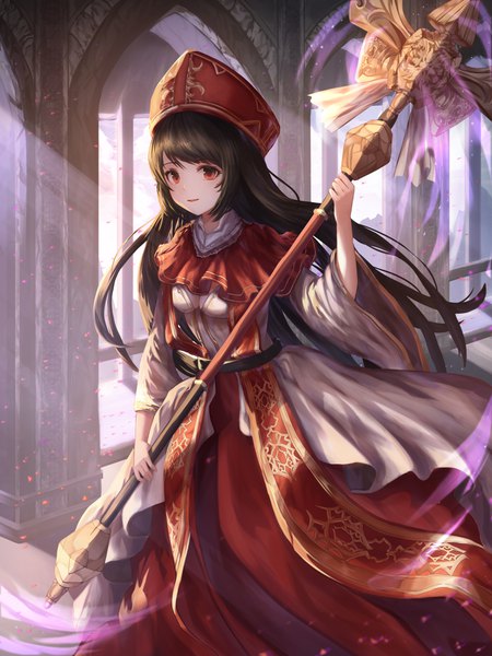 Anime picture 3000x4000 with original gya (144) single long hair tall image highres black hair red eyes holding payot looking away indoors parted lips wide sleeves light girl dress hat staff arch