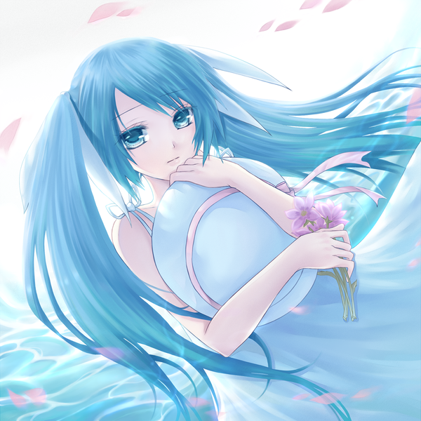 Anime picture 1500x1500 with vocaloid hatsune miku kurone kuroneko single looking at viewer twintails very long hair aqua eyes aqua hair hat removed headwear removed girl flower (flowers) hat petals sundress