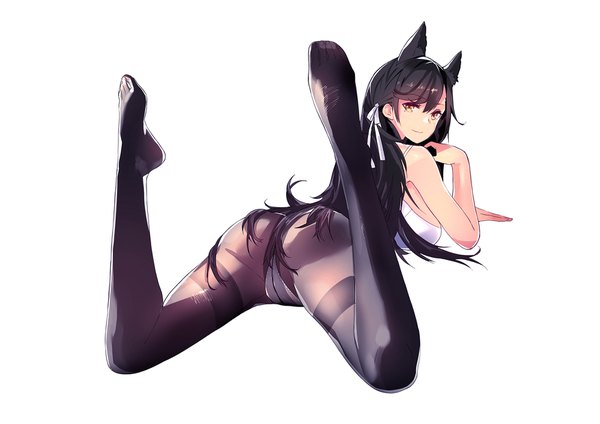 Anime picture 1754x1240 with azur lane atago (azur lane) enjo-sen single long hair looking at viewer blush fringe highres breasts light erotic black hair simple background hair between eyes large breasts white background animal ears yellow eyes full body ass