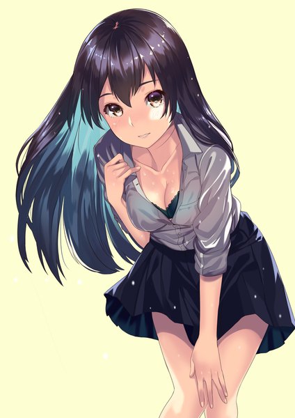 Anime picture 1476x2087 with original kagematsuri single long hair tall image looking at viewer fringe breasts light erotic black hair simple background hair between eyes brown eyes multicolored hair leaning leaning forward colored inner hair yellow background girl skirt