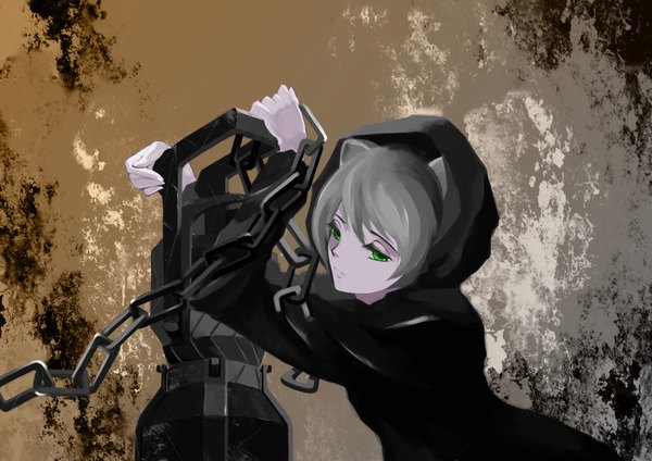 Anime-Bild 1920x1358 mit black rock shooter black miao shou single highres short hair green eyes looking away girl weapon hood chain