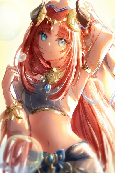 Anime picture 1600x2400 with genshin impact nilou (genshin impact) zero1 n single long hair tall image looking at viewer fringe standing red hair blunt bangs long sleeves arm up horn (horns) aqua eyes light smile armpit (armpits) midriff low twintails arm behind head