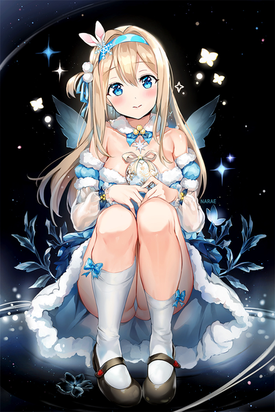 Anime picture 900x1350 with girls frontline suomi kp31 (girls frontline) narae single long hair tall image looking at viewer blush fringe breasts blue eyes light erotic simple background blonde hair smile hair between eyes large breasts bare shoulders cleavage full body