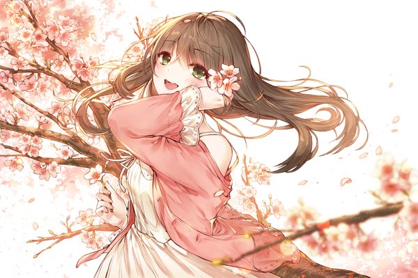 Anime picture 1100x733 with original kh (kh 1128) single long hair looking at viewer blush fringe open mouth simple background smile hair between eyes brown hair standing holding green eyes :d blurry open clothes floating hair cherry blossoms